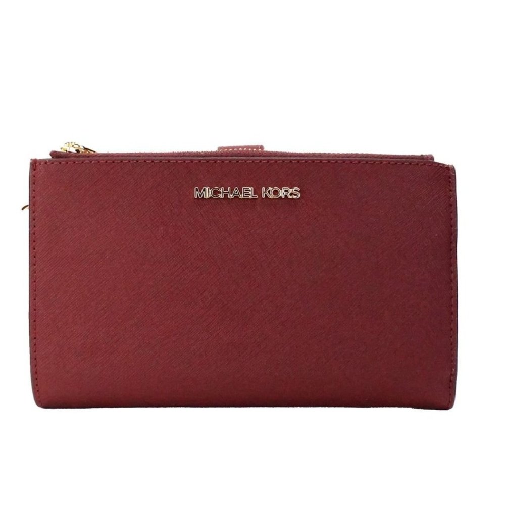 NEW Michael Kors Jet Set Travel Large Double Zip Wristlet Wallet Dark Cherry NWT - Picture 1 of 4
